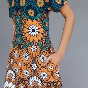 ANTHROPOLOGIE Anthro Maeve Floral Shift Mini Dress Large Mod EUC Blue Orange